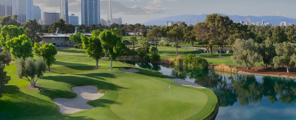 Country Club Estates fairway with mature canopy trees and the Las Vegas skyline in the distance